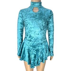 Gilda Marx Crushed Velvet High Neck Keyhole LS Skirt Leotard Dress Kids 4/6 Teal